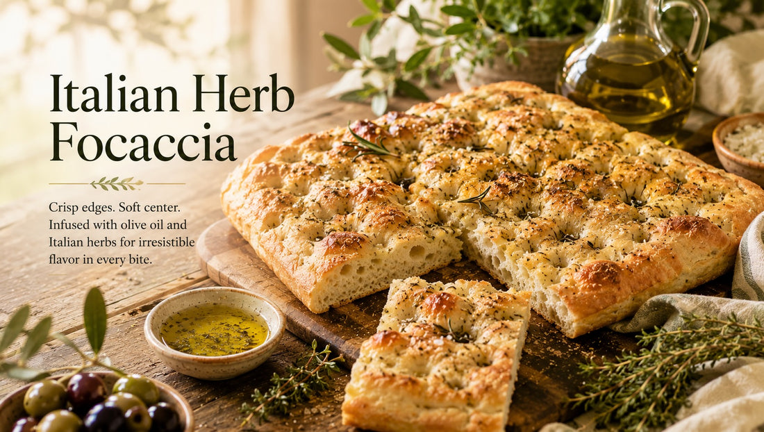 Olive Tree Marketplace recipe — Italian herb focaccia — a dimpled golden loaf cut into squares beside a dish of olive oil, olives and fresh herbs
