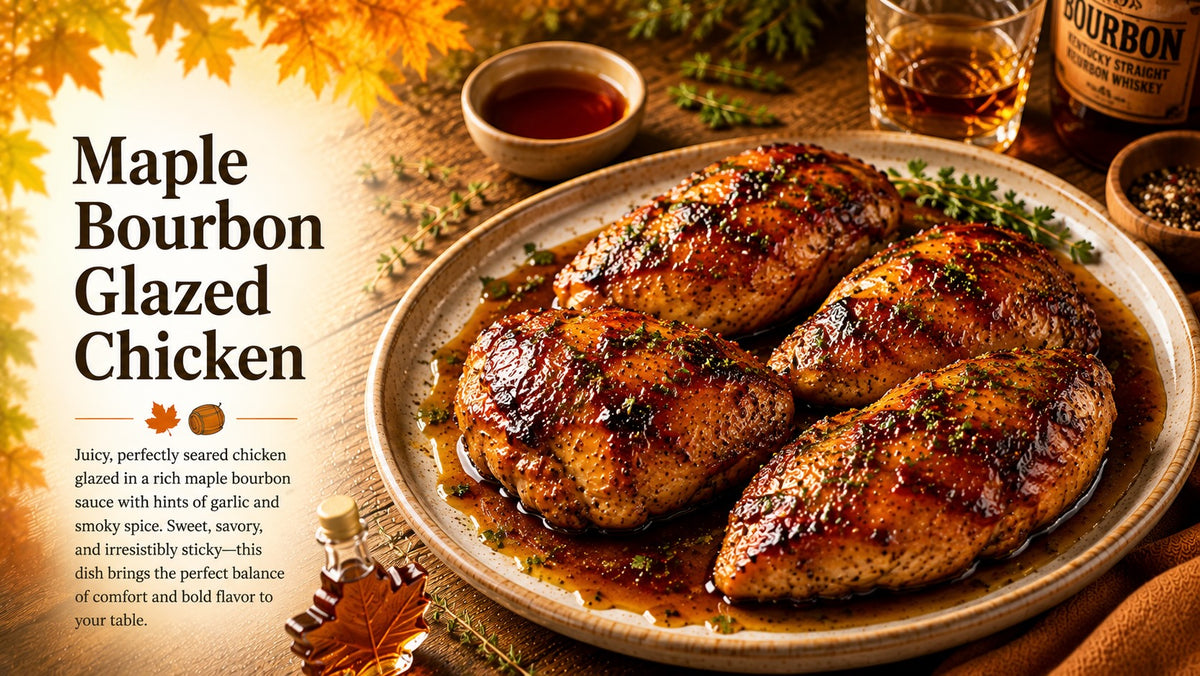 Olive Tree Marketplace recipe — Maple bourbon glazed chicken — glazed chicken breasts in a skillet with herbs