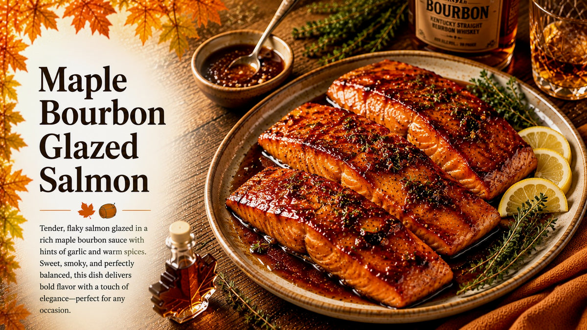 Olive Tree Marketplace recipe — Maple bourbon glazed salmon — glazed salmon fillets with herbs and lemon on a serving board
