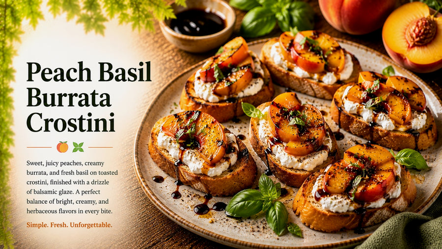 Peach Basil Burrata Crostini