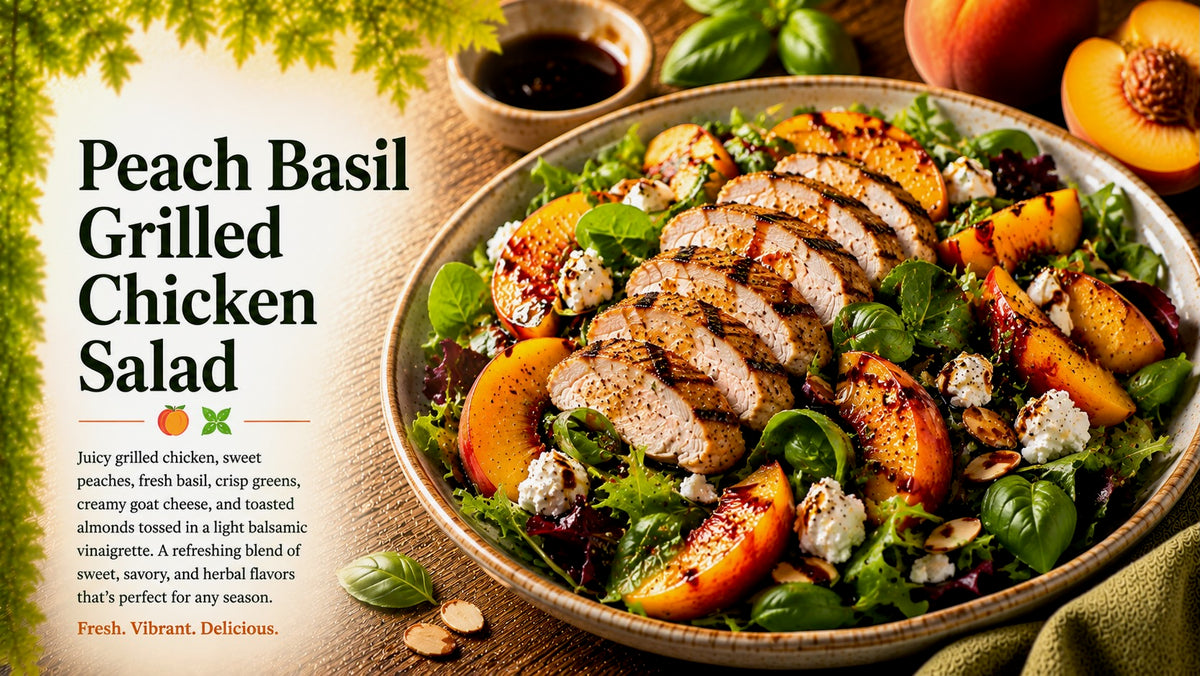 Olive Tree Marketplace recipe — Peach basil grilled chicken salad — sliced grilled chicken over greens with fresh peaches, basil and crumbled cheese
