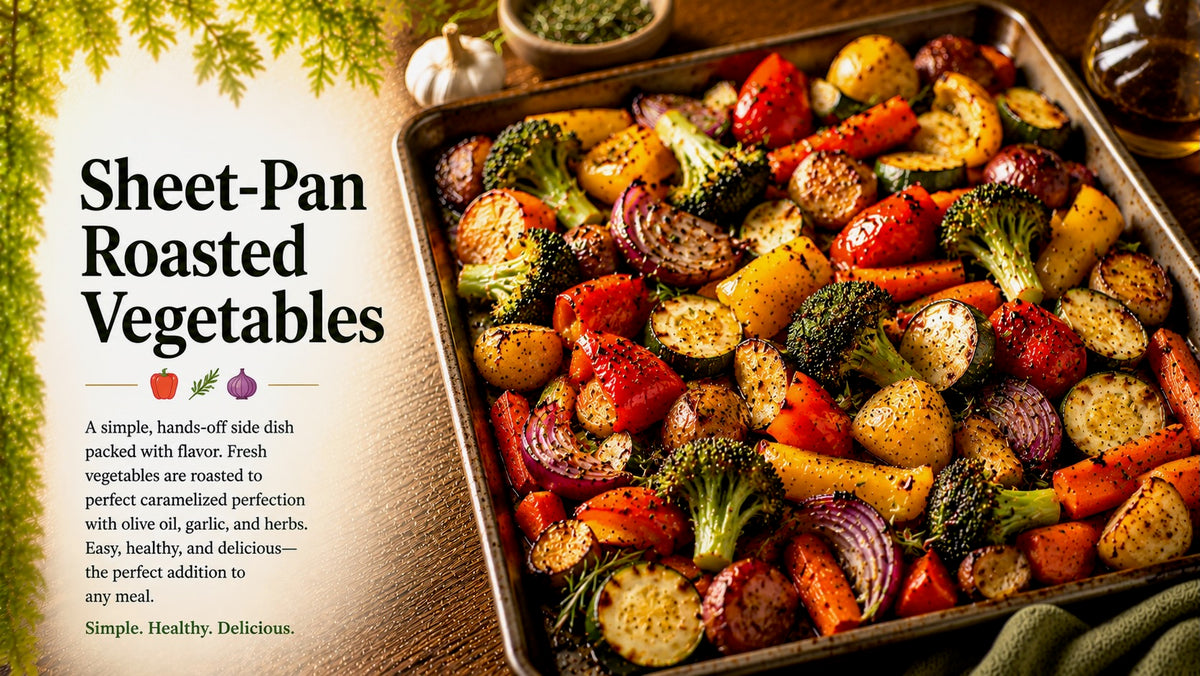 Olive Tree Marketplace recipe — Sheet-pan roasted vegetables — a tray of roasted broccoli, peppers, carrots and tomatoes