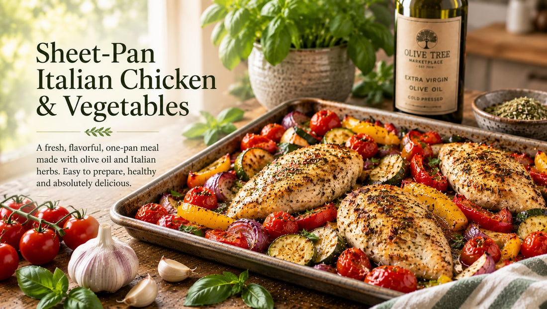Olive Tree Marketplace recipe — Sheet-pan Italian chicken and vegetables — herb-roasted chicken with peppers, courgette and tomatoes on a baking tray