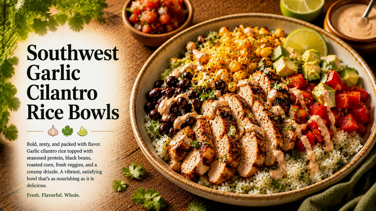 Olive Tree Marketplace recipe — Southwest garlic cilantro rice bowls — sliced chicken over rice with black beans, corn, peppers and lime