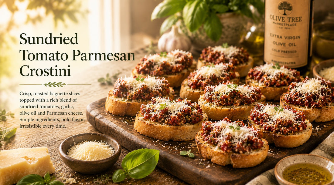 Olive Tree Marketplace recipe — Sundried tomato parmesan crostini — toasted bread rounds topped with sundried tomatoes, herbs and shaved parmesan