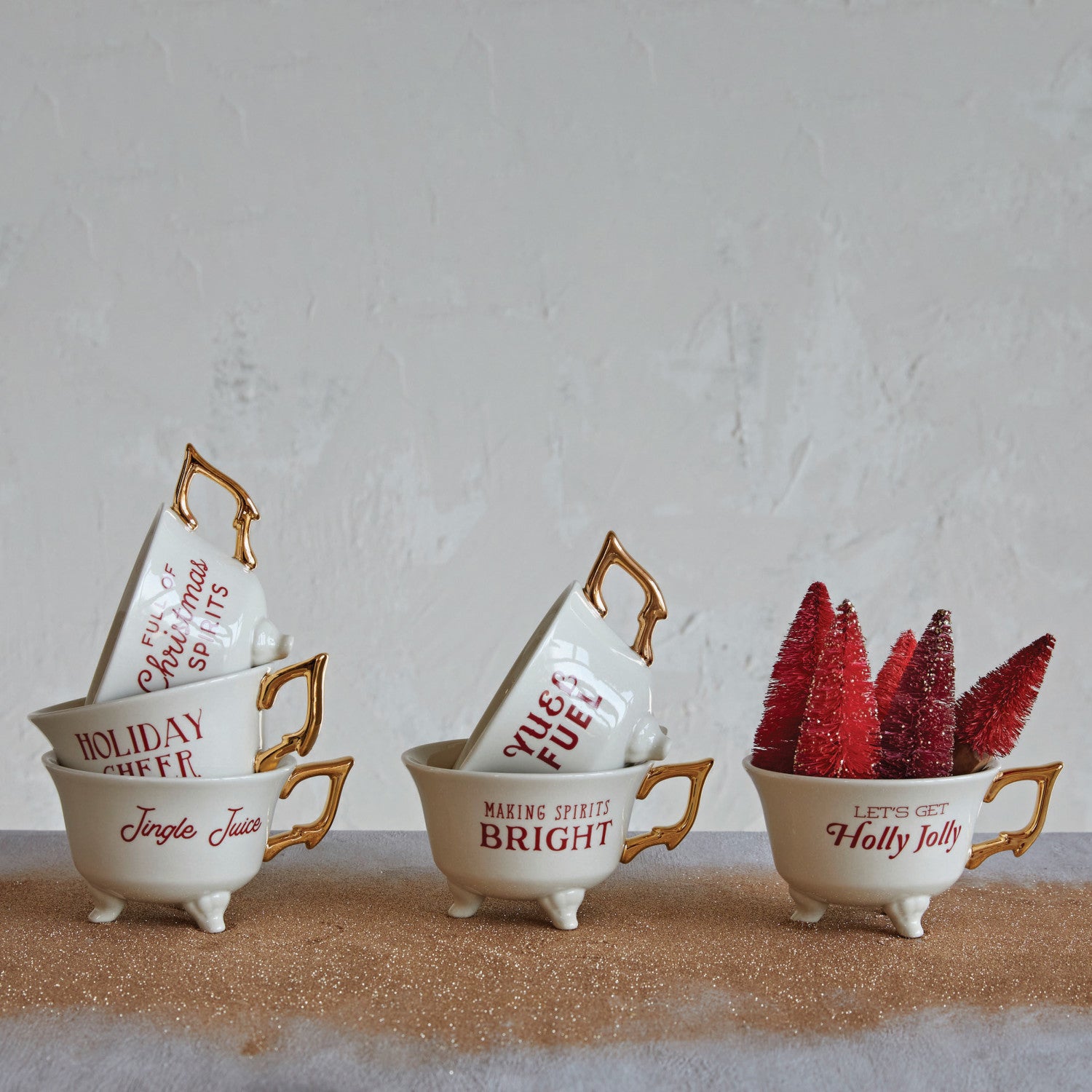 Stoneware Footed Teacup w/ Saying &amp; Gold Electroplating