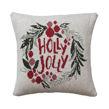 Load image into Gallery viewer, Two-Sided Cotton Knit Pillow w/ Wreath &quot;Holly Jolly&quot;