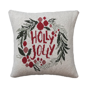 Two-Sided Cotton Knit Pillow w/ Wreath "Holly Jolly"