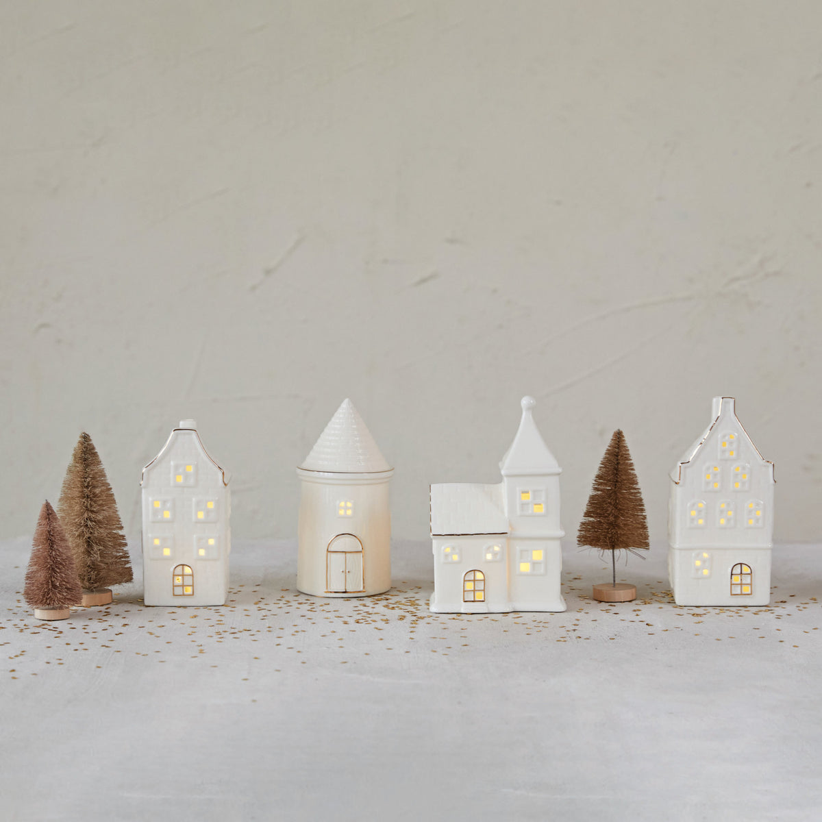 Stoneware House w/ LED Light &amp; Gold Electroplating