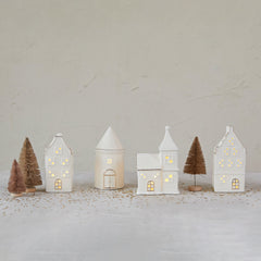 Stoneware House w/ LED Light & Gold Electroplating