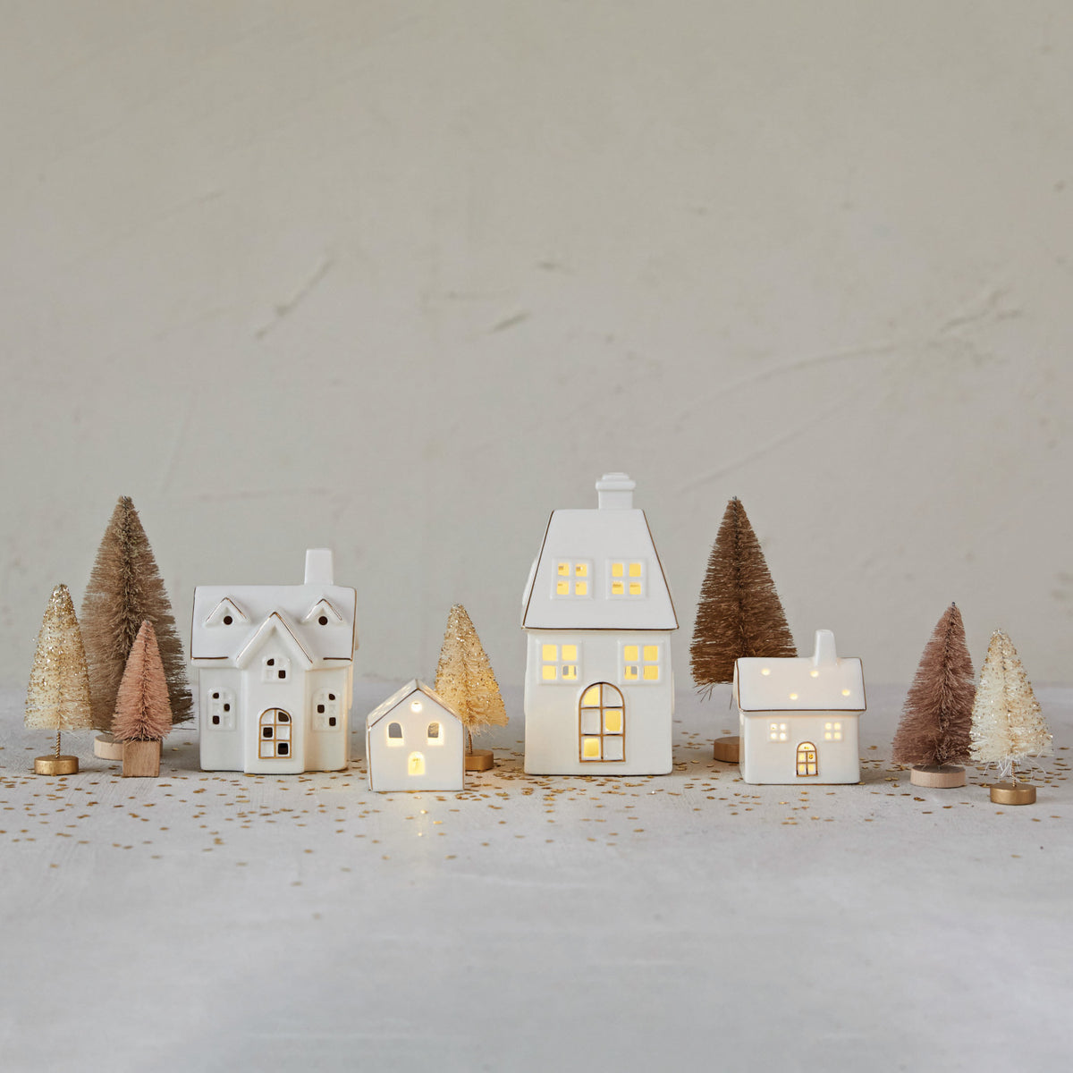 Stoneware Village w/ LED Lights &amp; Gold Electroplating