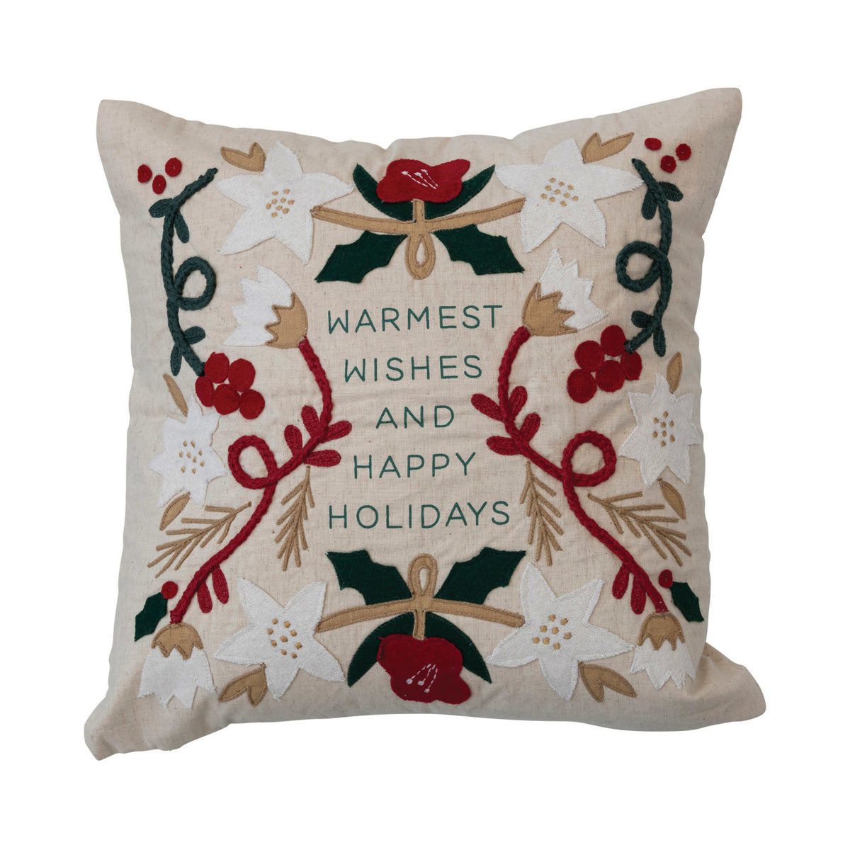 Cotton &amp; Linen Pillow w/ Embroidery &amp; Applique "Warmest Wishes"