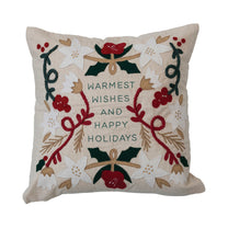 Cotton &amp; Linen Pillow w/ Embroidery &amp; Applique "Warmest Wishes"