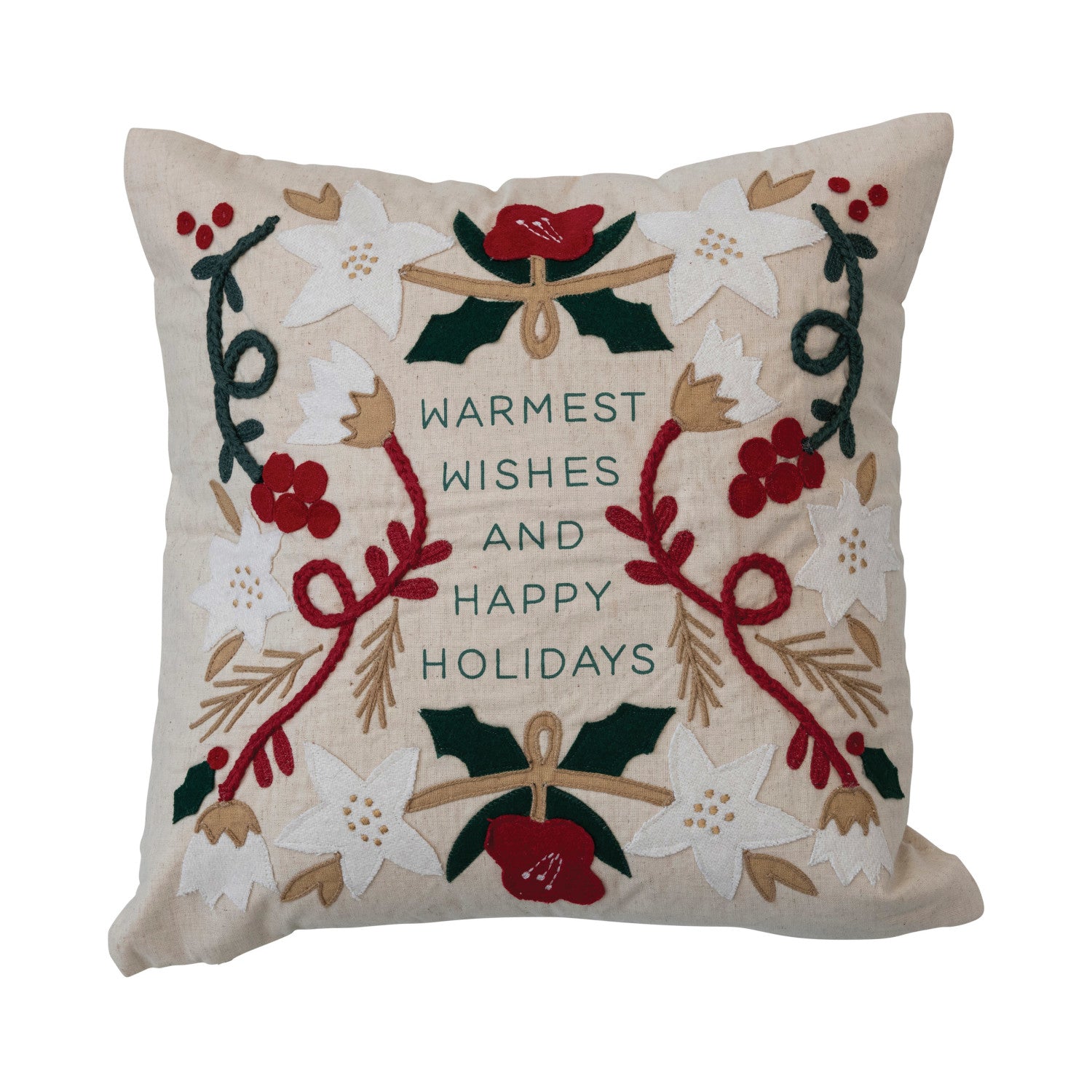 Cotton &amp; Linen Pillow w/ Embroidery &amp; Applique "Warmest Wishes"