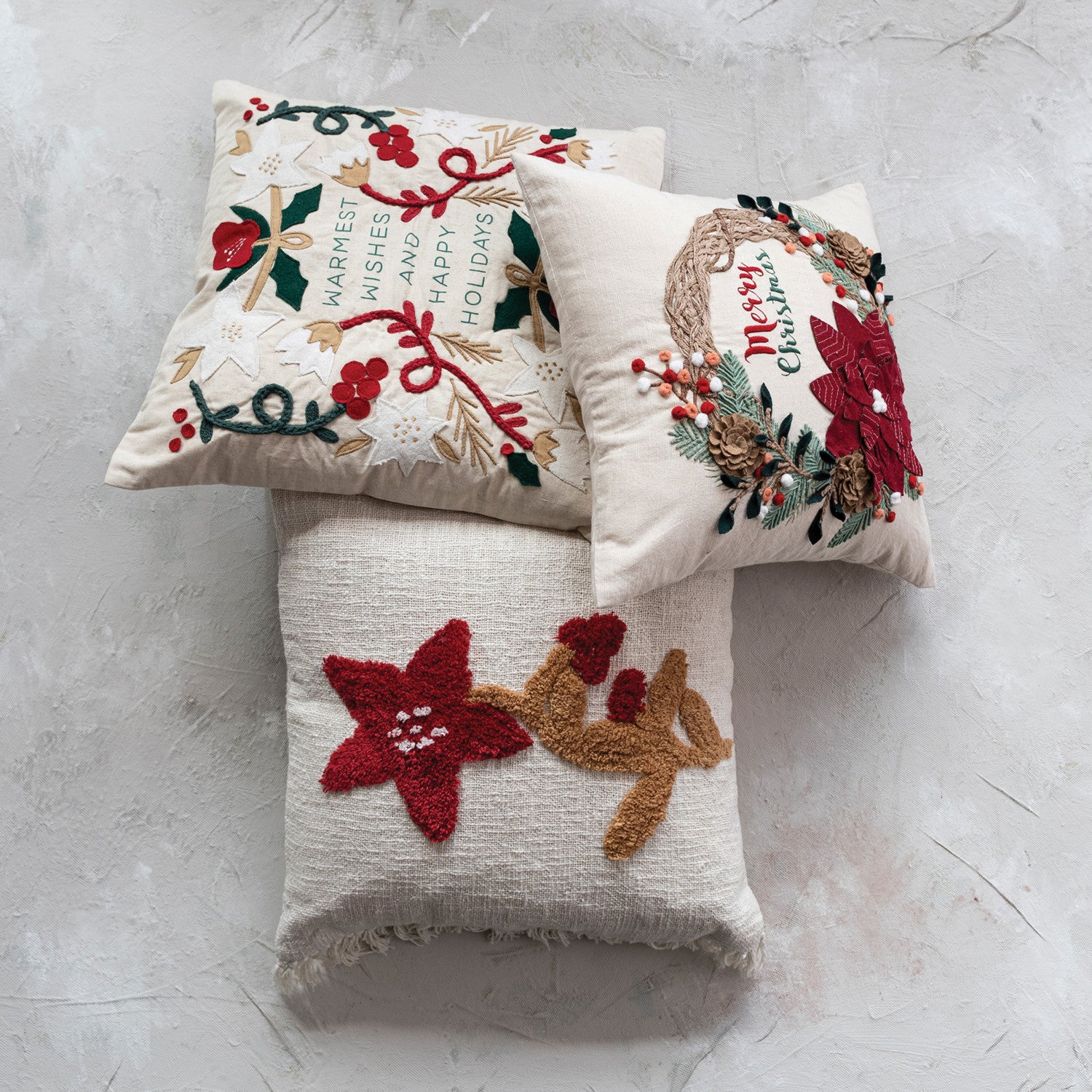 Cotton &amp; Linen Pillow w/ Embroidery &amp; Applique "Warmest Wishes"