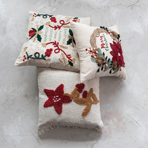 Cotton & Linen Pillow w/ Embroidery & Applique "Warmest Wishes"