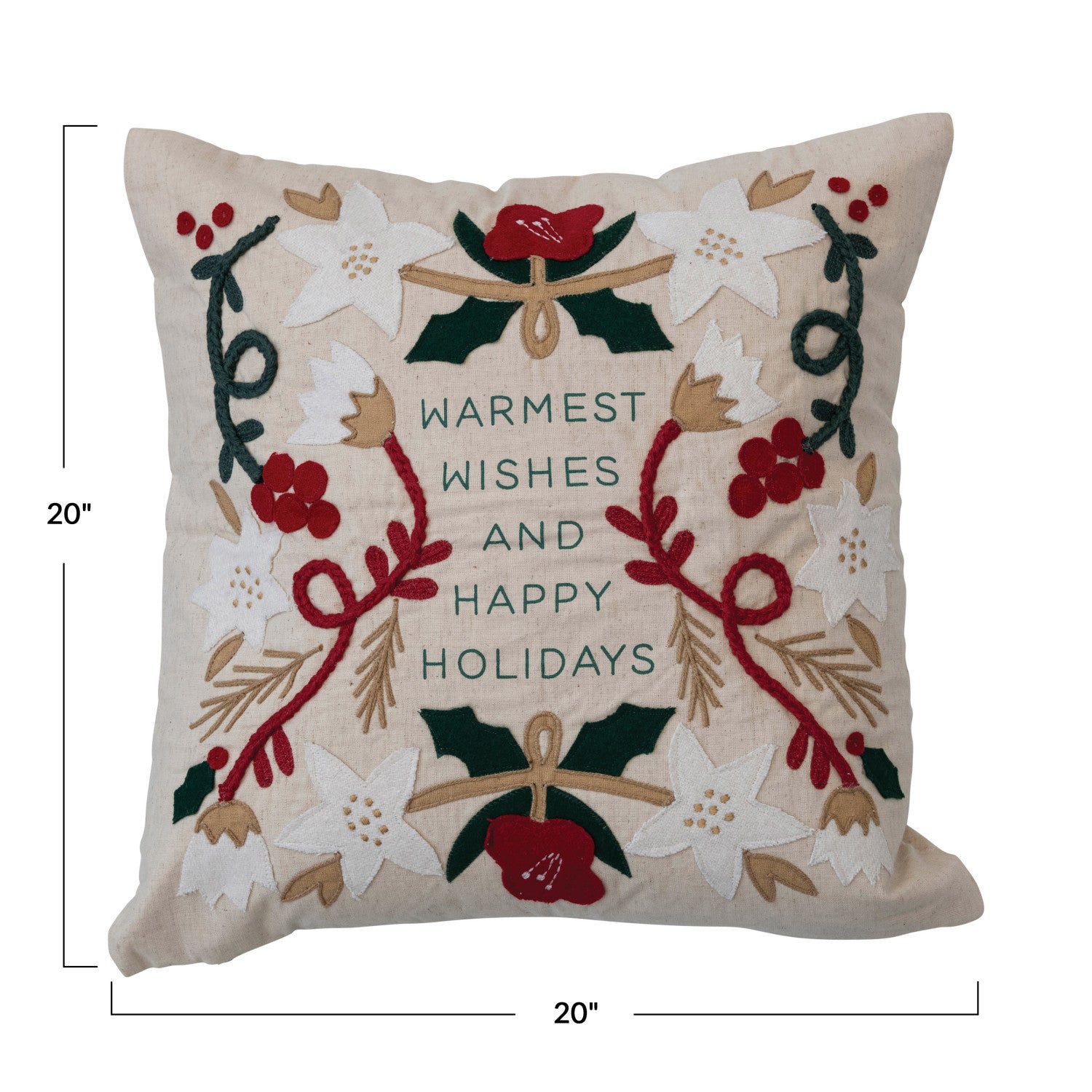 Cotton &amp; Linen Pillow w/ Embroidery &amp; Applique "Warmest Wishes"