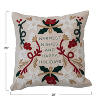 Cotton &amp; Linen Pillow w/ Embroidery &amp; Applique "Warmest Wishes"