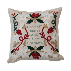 Cotton & Linen Pillow w/ Embroidery & Applique "Warmest Wishes"