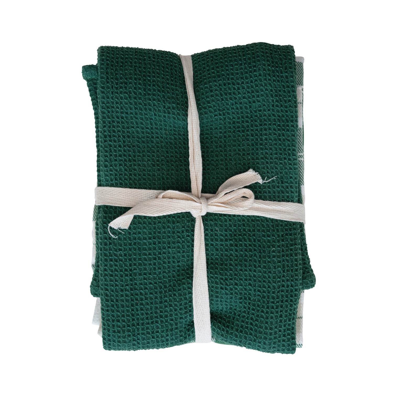 Cotton Woven/Waffle Weave Tea Towels, Green &amp; White, Set of 3