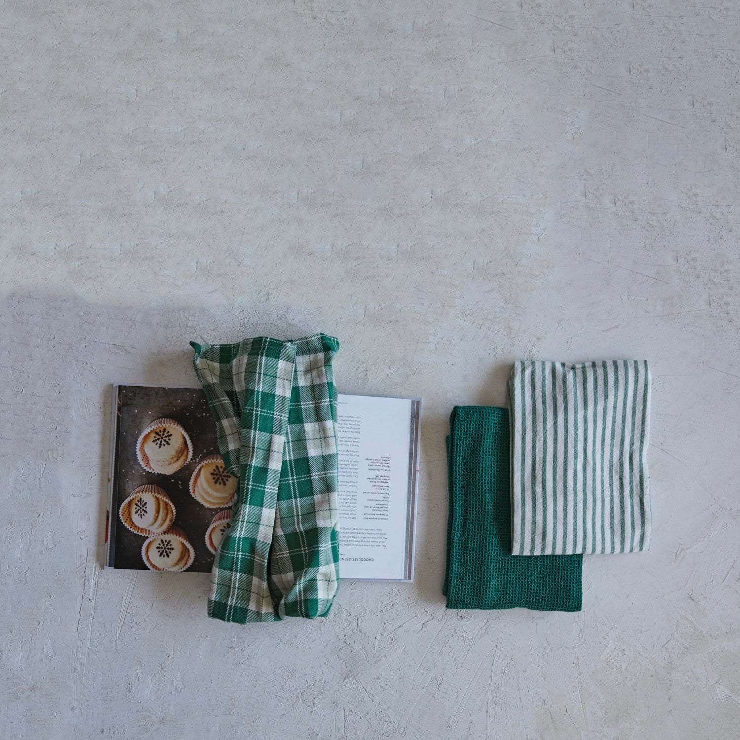 Cotton Woven/Waffle Weave Tea Towels, Green &amp; White, Set of 3