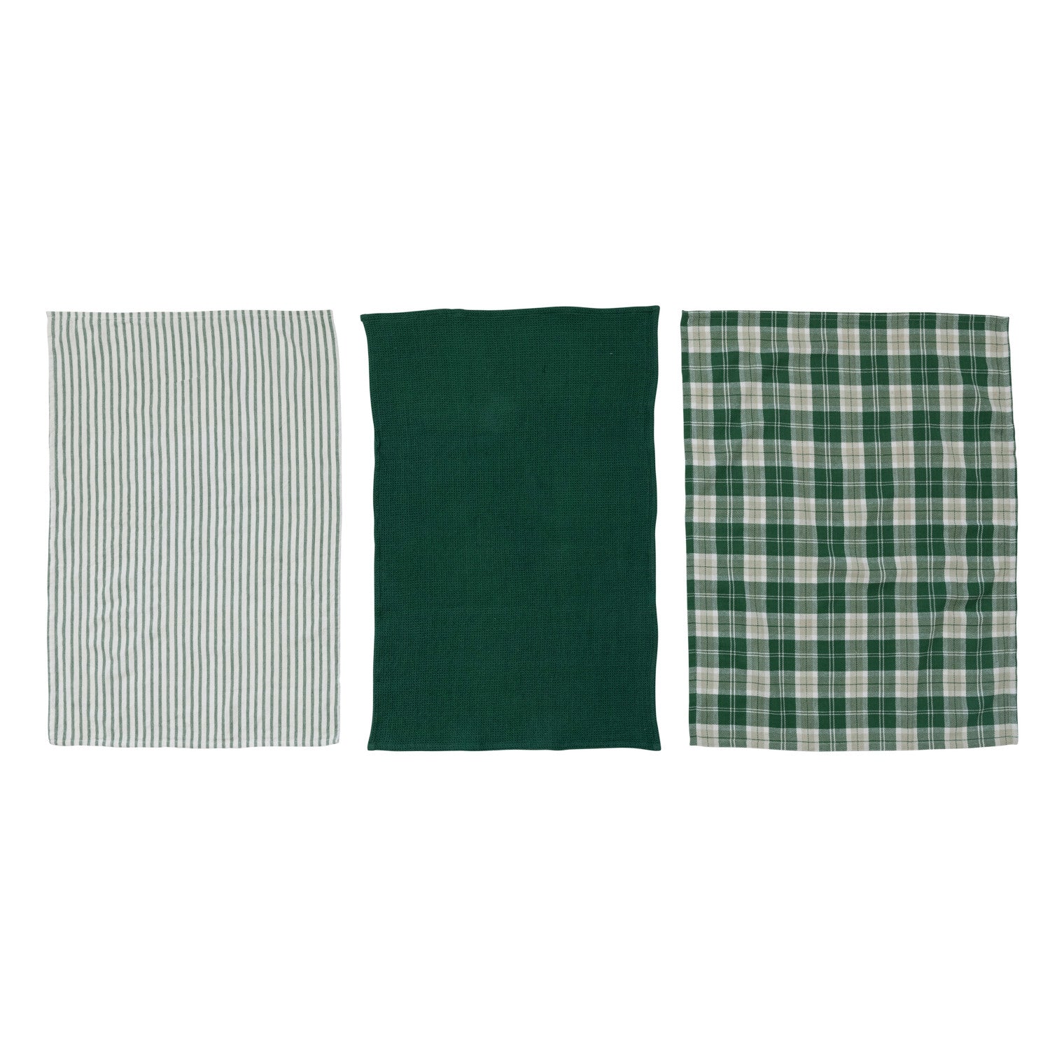 Cotton Woven/Waffle Weave Tea Towels, Green &amp; White, Set of 3