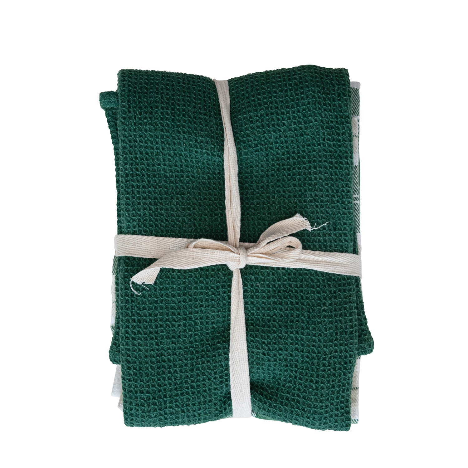 Cotton Woven/Waffle Weave Tea Towels, Green &amp; White, Set of 3