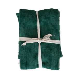Cotton Woven/Waffle Weave Tea Towels, Green & White, Set of 3