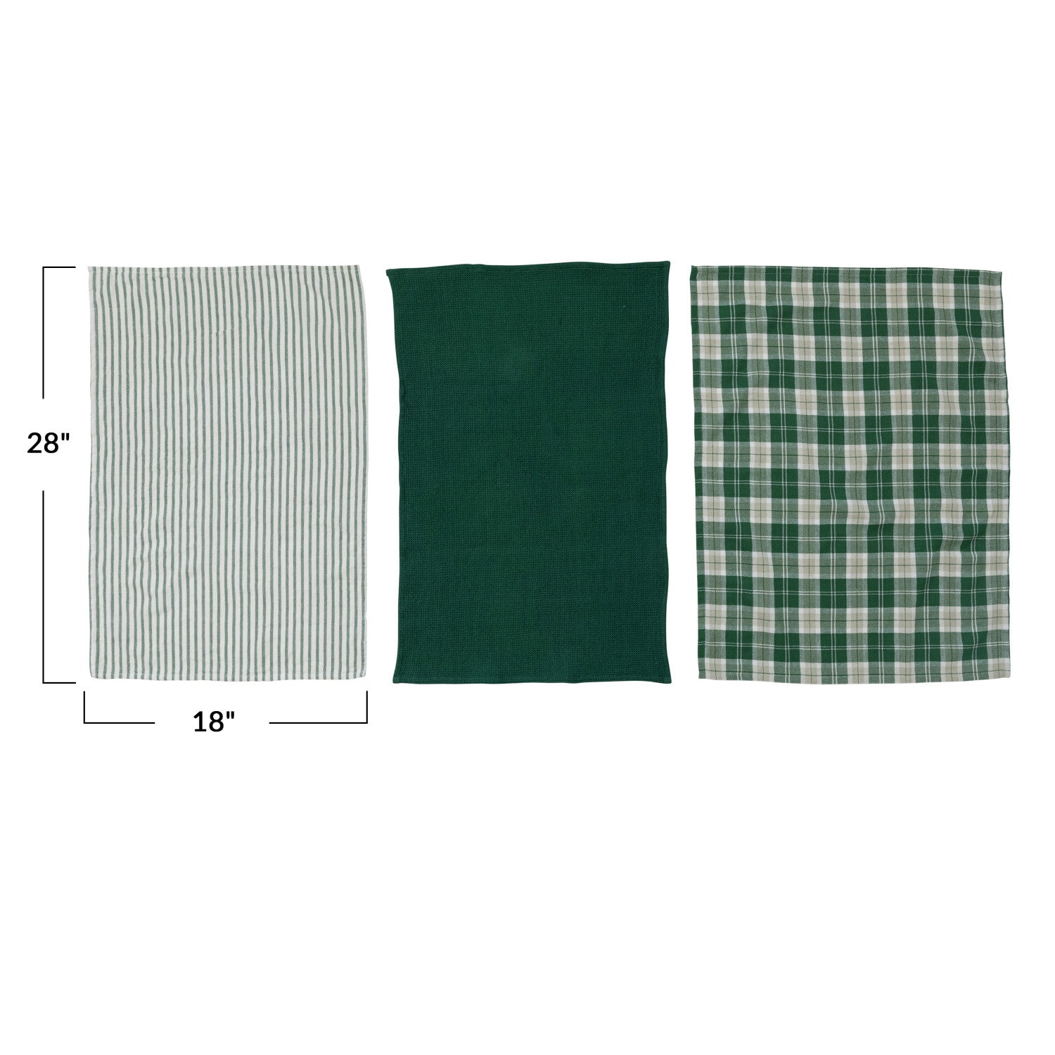 Cotton Woven/Waffle Weave Tea Towels, Green &amp; White, Set of 3