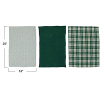 Cotton Woven/Waffle Weave Tea Towels, Green &amp; White, Set of 3