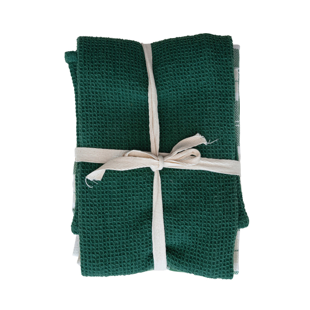 Cotton Woven/Waffle Weave Tea Towels, Green & White, Set of 3