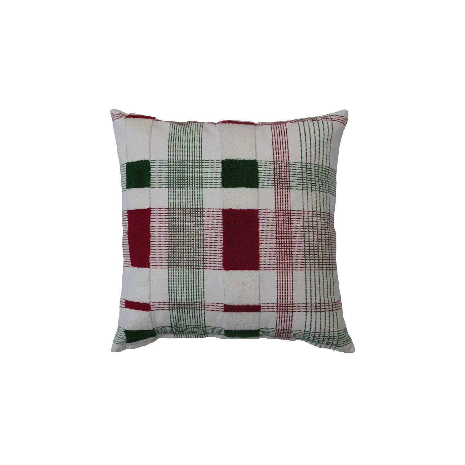Woven Cotton Pillow, Cream Color, Red &amp; Green Plaid