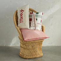 Woven Cotton Pillow, Cream Color, Red &amp; Green Plaid