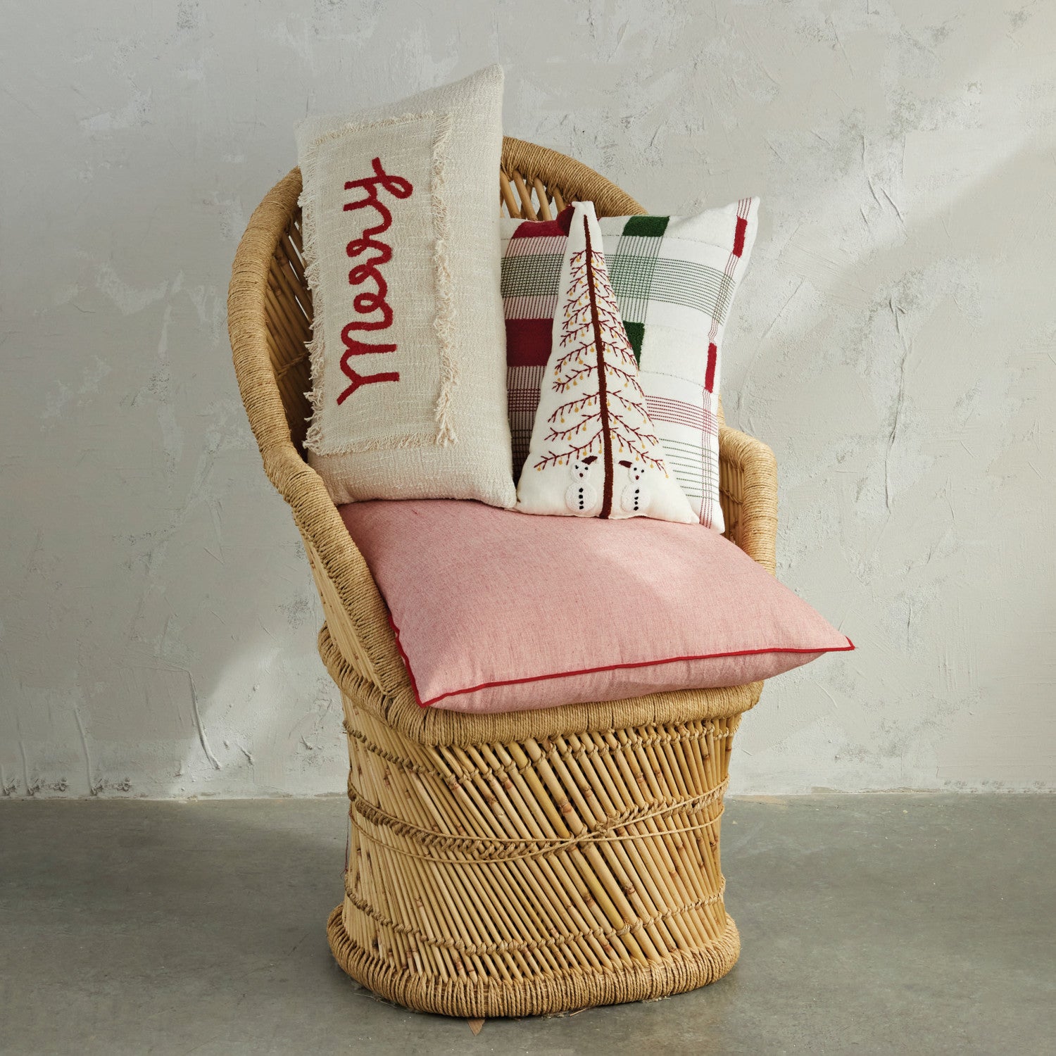 Woven Cotton Pillow, Cream Color, Red &amp; Green Plaid