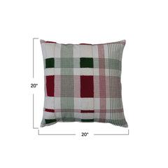 Woven Cotton Pillow, Cream Color, Red & Green Plaid