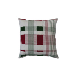 Woven Cotton Pillow, Cream Color, Red & Green Plaid