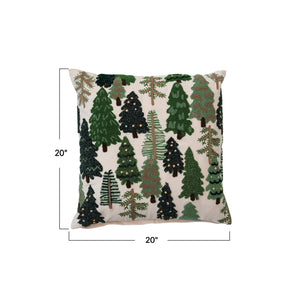 Cotton Slub Embroidered Pillow w/ Trees & French Knots