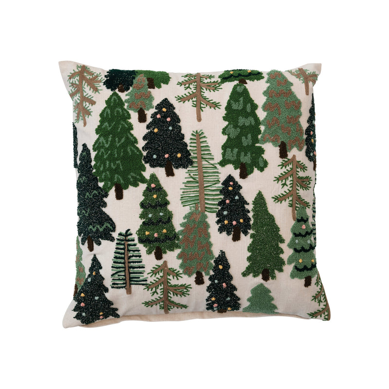 Cotton Slub Embroidered Pillow w/ Trees & French Knots