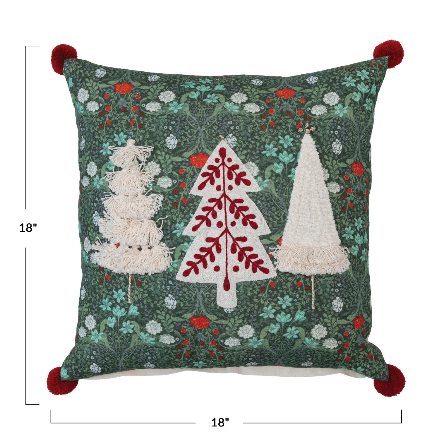 Square Cotton Printed Slub Pillow w/ Trees, Applique, Embroidery & Pom Pom Tassels