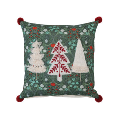 Square Cotton Printed Slub Pillow w/ Trees, Applique, Embroidery & Pom Pom Tassels