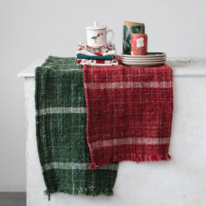 Woven Wool Blend Slub Table Runner w/ Stripes & Fringe, Green