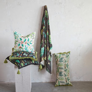 Cotton Slub Printed Lumbar Pillow w/ Pine Boughs & Fringe