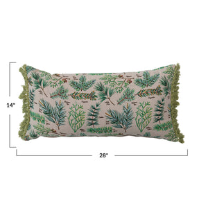 Cotton Slub Printed Lumbar Pillow w/ Pine Boughs & Fringe