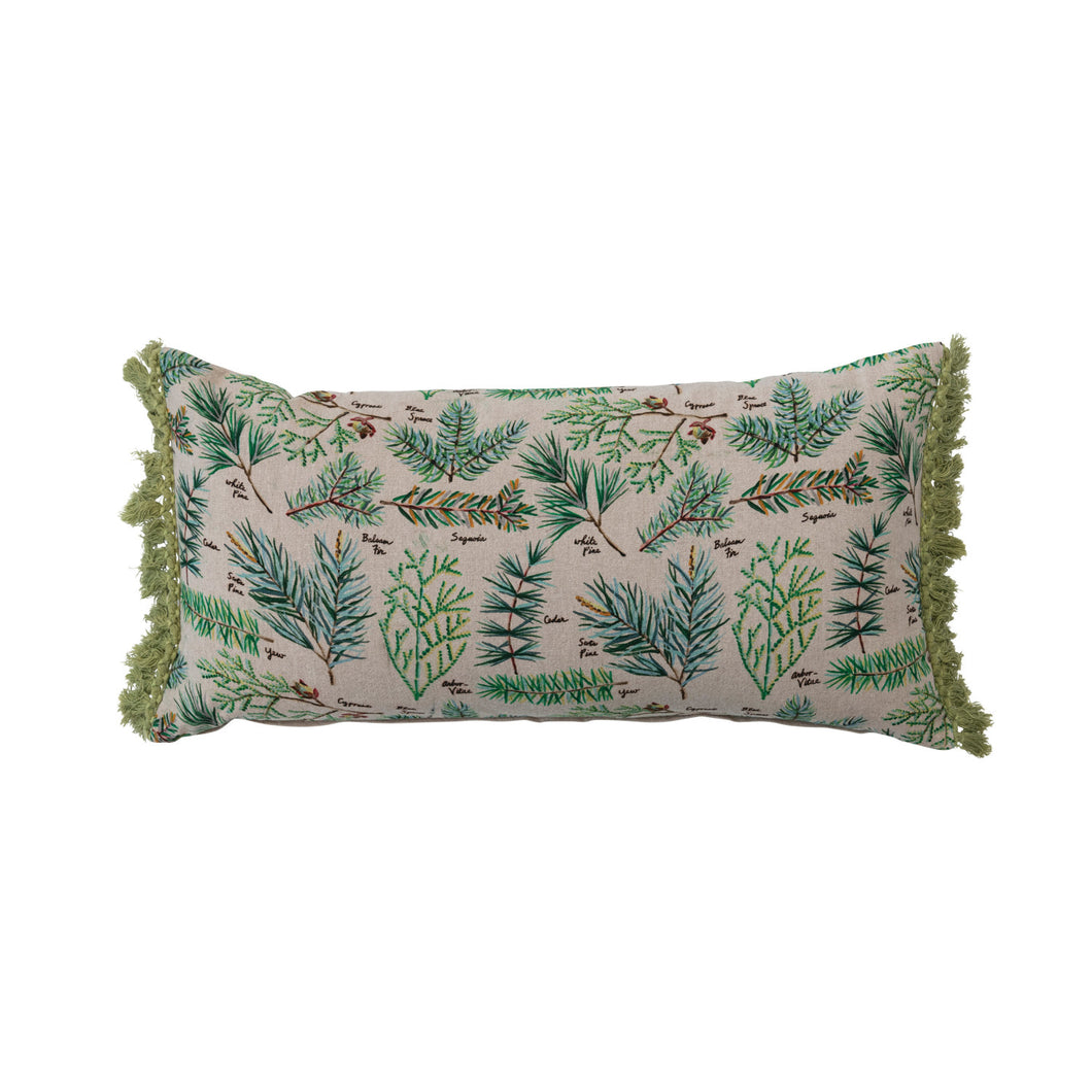 Cotton Slub Printed Lumbar Pillow w/ Pine Boughs & Fringe