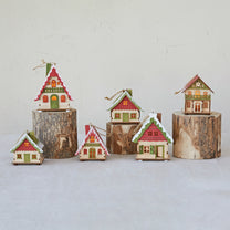 Wood House Ornament w/ Snow &amp; LED Light