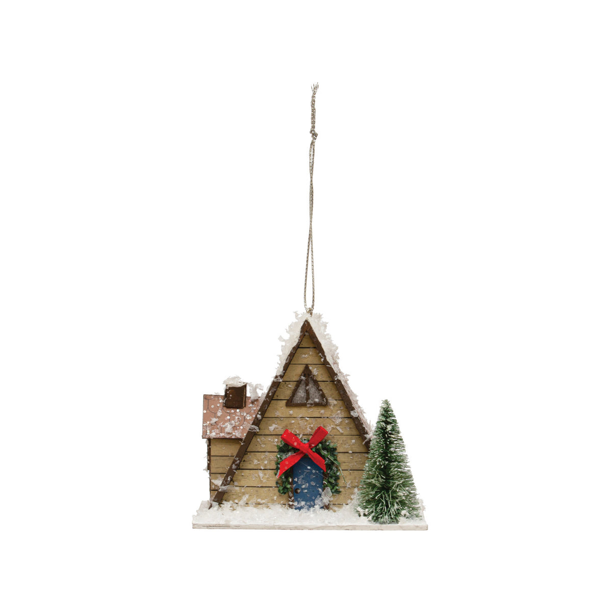 A-Frame House Ornament w/ Faux Tree, Wreath &amp; LED Light