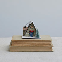 A-Frame House Ornament w/ Faux Tree, Wreath &amp; LED Light