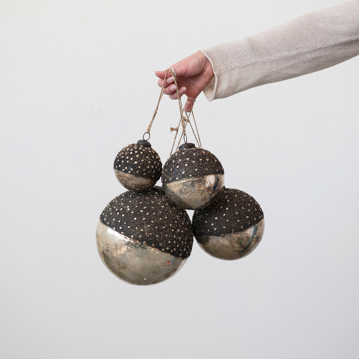 Mercury Glass Ball Ornament w/ Stars, Dipped Bronze &amp; Silver Finish
