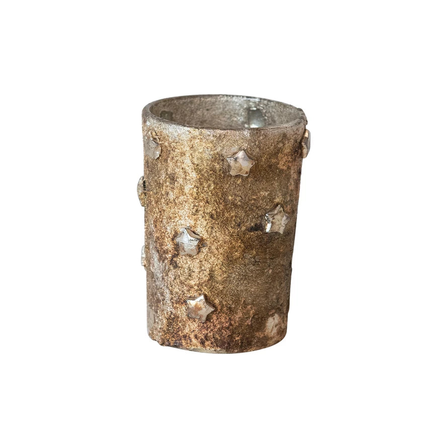 Textured Mercury Glass Tealight/Votive Holder w/ Embossed Stars