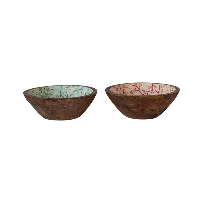 Mango Wood Bowl w/Floral Pattern, 2 colors